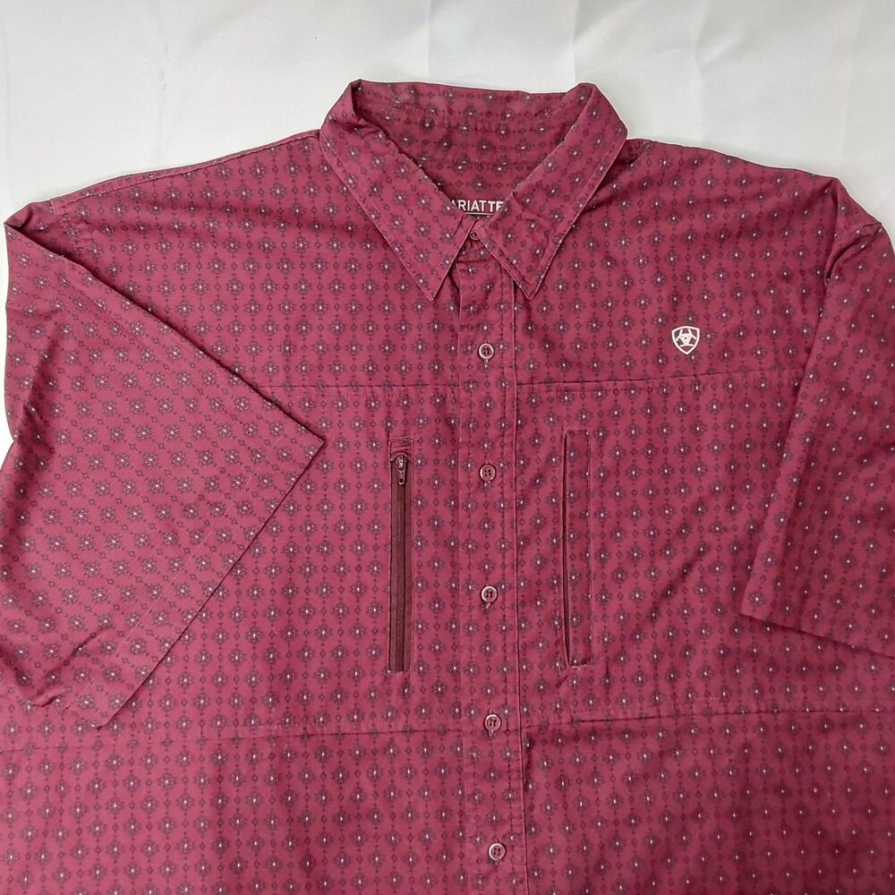 Ariat Tek Shirt Mens 2XL Short Sleeve Button Up Western Fishing Hiking Maroon